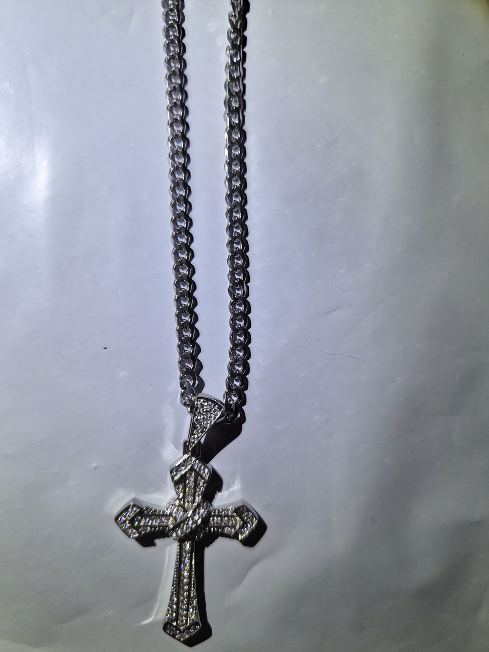Rhinestone Pave Cross Pendant Necklace - Silver Tone